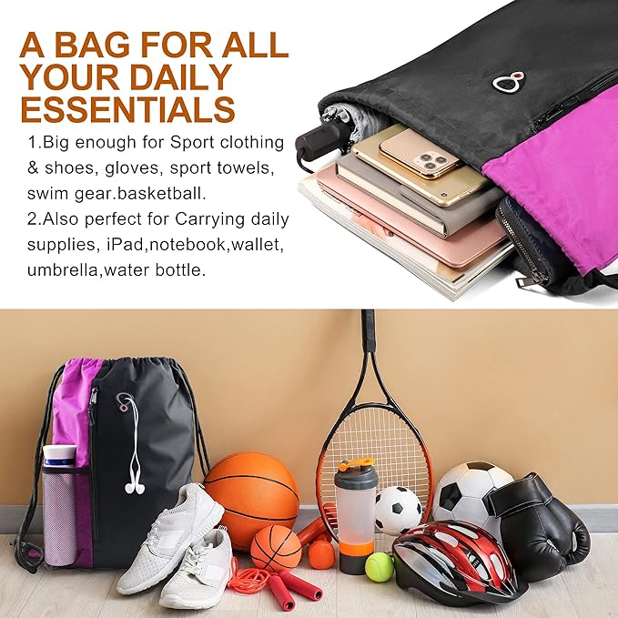 BeeGreen Sports Bag Drawstring Backpack With Water Bottle Pocket &Front Zippered Pocket Large String Bag Pack For Men Women