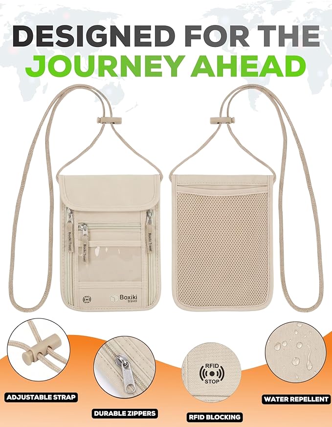 RFID Travel Neck Wallet - Beige | Sleek, Secure Passport Holder and Money Pouch with Adjustable Neck Strap for Men and Women to Keep Cash, Credit Cards & Travel Documents Safe