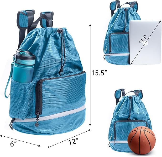Swim Beach Sports Drawstring Backpack - Gym Bag with Shoes Compartment and Waterproof Pocket for Gym Accessories, Swim Essentials - Kids Mens Beach Workout Bag