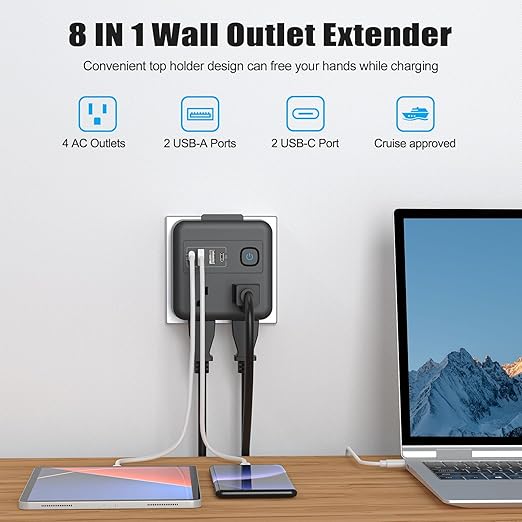 Multi Plug Outlet Extender with 2 USB-A + 2 USB-C & Phone Holder, HITRENDS 1875W/16A 4-Outlet Extender, Non Surge Protector Travel Cruise Ship Essentials, Electrical Wall Splitter for Home Office