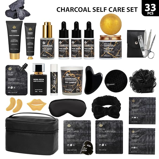 33 Pcs Mother's Day Gift, Charcoal Hydrating Skin Care Gift Set for Women & Men, Bath & Body Gift Basket Set, Home Spa Set, Leather Bag, Anniversary, Birthday, Christmas, Father's Day