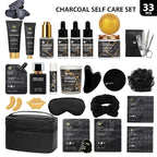 33 Pcs Mother's Day Gift, Charcoal Hydrating Skin Care Gift Set for Women & Men, Bath & Body Gift Basket Set, Home Spa Set, Leather Bag, Anniversary, Birthday, Christmas, Father's Day