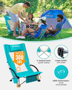 KingCamp Low Beach Chair, High Back Folding Camping Chair for Adults, Oversized Breathable Mesh Seat, 300lbs Heavy Duty Portable Chair with Cup Holder & Storage Pockets for Beach, Outdoor
