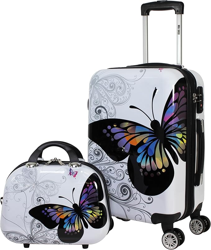 World Traveler VentureX Airline Approved 2-Piece Carry-On Luggage Set – Lightweight Hardside Polycarbonate Suitcase with Spinner Wheels - Butterfly
