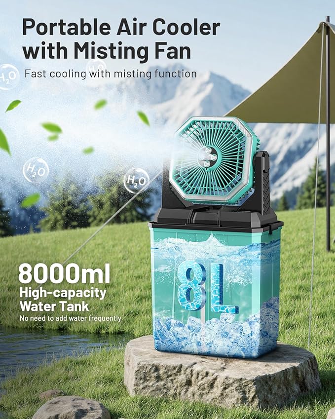 Allsion Rechargeable Misting Fan, 24000mAh Camping Misting Fan with 8L Water Bucket, 3-Speed Outdoor Cooling Fan with LED Lights, 120°Oscillation for Camping, Backyard, Patio, Outdoor, Blue-Green