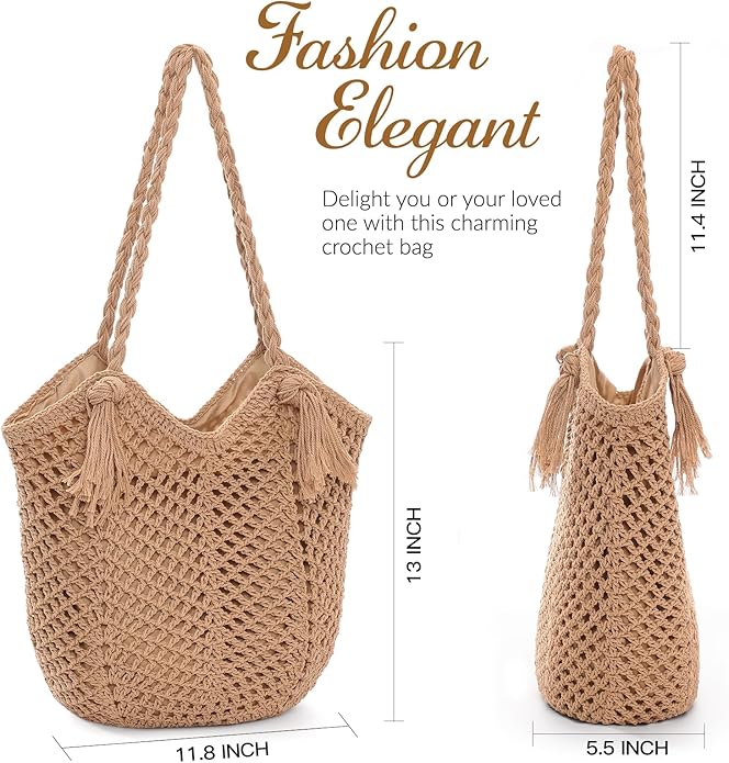 Pleneal Crochet Beach Bag, Summer Woven Tote Bag with Lining, Soft Purse Shoulder Bags for Vacation