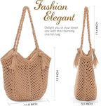 Pleneal Crochet Beach Bag, Summer Woven Tote Bag with Lining, Soft Purse Shoulder Bags for Vacation