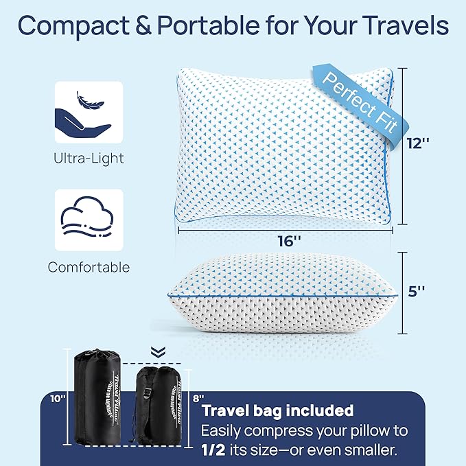 Small Cooling Memory Foam Travel Pillows for Airplanes Sleeping, Compressible Camping Pillow, Mini Adjustable Shredded Foam Bed Pillow for Medium Firm Neck Knee Lumbar Support, Ideal Car, Backpacking