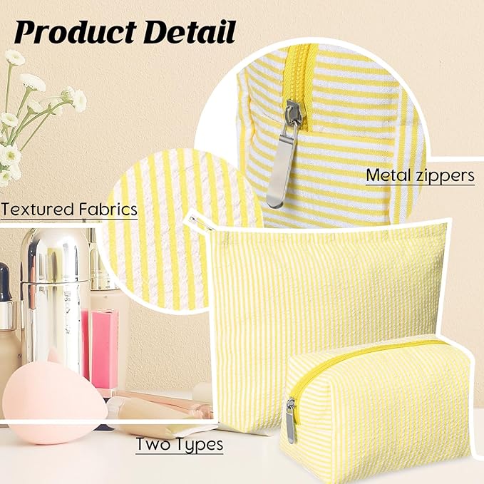 Huhumy 2 Pcs Makeup Bag Set Cute Cosmetic Pouch for Women Seersucker Travel Toiletry Bag Preppy Small Makeup Purse Pouch Aesthetic Skincare Brushes Storage Organizer for Valentine Women(Yellow)