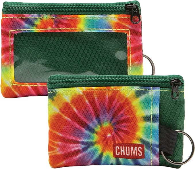 Chums Surfshorts Wallet - Lightweight Zippered Minimalist Wallet with Clear ID Window - Water Resistant with Key Ring (Rainbow Tie Dye)