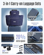 LIGHT FLIGHT 3-Piece Luggage Sets, Expandable Carry On Luggage 22x14x9 Airline Approved, Hardside Carry On Suitcases with Wheels, TSA Lock Travel Luggage Sets, Royal Blue