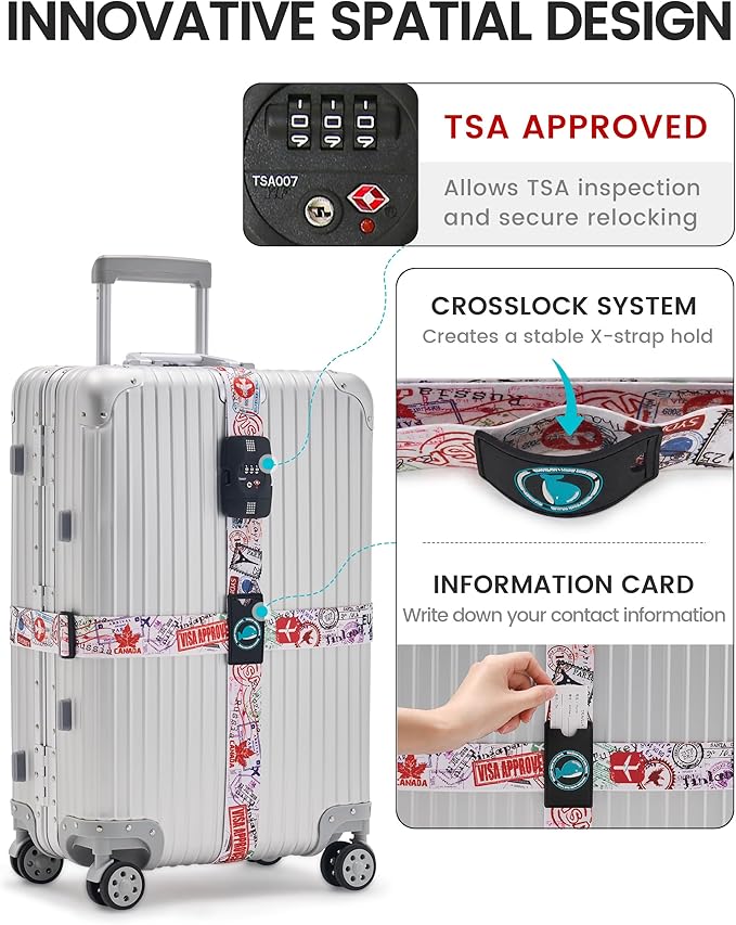 Travelkin Luggage Straps TSA Approved - Adjustable Cross Suitcase Straps with TSA Lock, Reinforced Buckle, Unique Pattern - Secure Heavy Duty Luggage Straps for Travel (Journey)