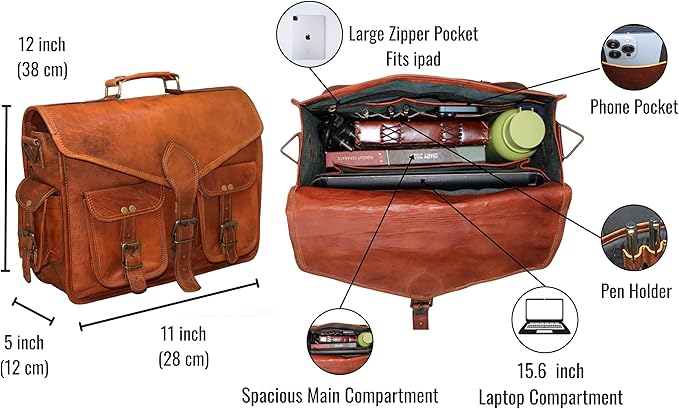 15" leather messenger bag laptop case office briefcase gift for men computer distressed shoulder bag