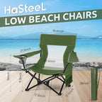 HaSteeL Folding Beach Chair Set of 2, Foldable Green Camping Chairs for Outside, Low Beach Chair Portable for Adults Fishing, Picnic, Outdoor BBQ, Travel, Sports, Cup Holder & Storage Bag