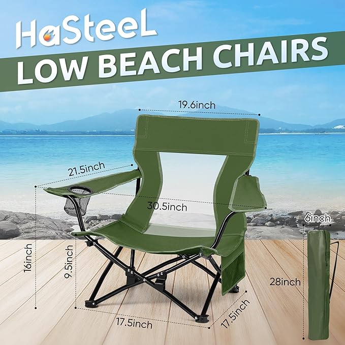 HaSteeL Folding Beach Chair Set of 2, Foldable Green Camping Chairs for Outside, Low Beach Chair Portable for Adults Fishing, Picnic, Outdoor BBQ, Travel, Sports, Cup Holder & Storage Bag