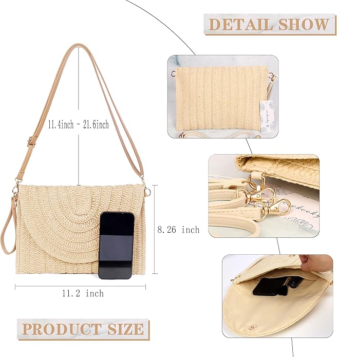 COOKOOKY Straw Clutch Handbag Summer Beach Straw Purse for Women woven Envelope Bag | Straw, Summer, Beach, woven, Straw, Summer