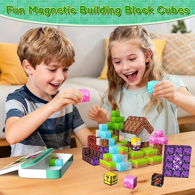 Magnetic Blocks Minecraft-Style Magnetic Building Blocks Cubes - 60PCS Tin Box Travel Magnet Toys Set STEM Educational for Kids Ages 3 4 5 6 7 8 9 10 11 12 Year Old Boys Girls Gifts birthday christmas