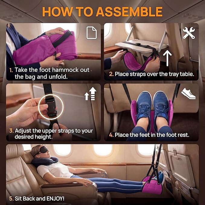 Airplane Footrest Hammock, Adjustable Foot Rest for Long Flights - Travel Must-Haves and Travel Essentials,Portable Airplane Gadgets for Flying Comfort(Rose Red,1 Pack)