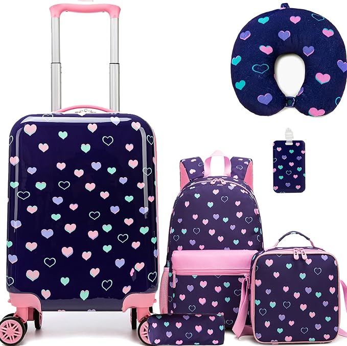 Kid’s Luggage Set 5 Piece Suitcase Set 16’’ Hardside Luggage with Spinner Wheels Girls Carry on Toddler Travel Rolling Suitcase Carry on Luggage Airline Approved