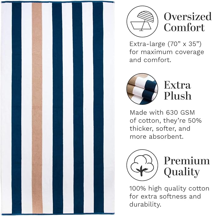 Laguna Beach Textile Co. Striped Cabana Beach Towel - Oversized, Plush 630 GSM Cotton - Ocean Blue and Almond Beige