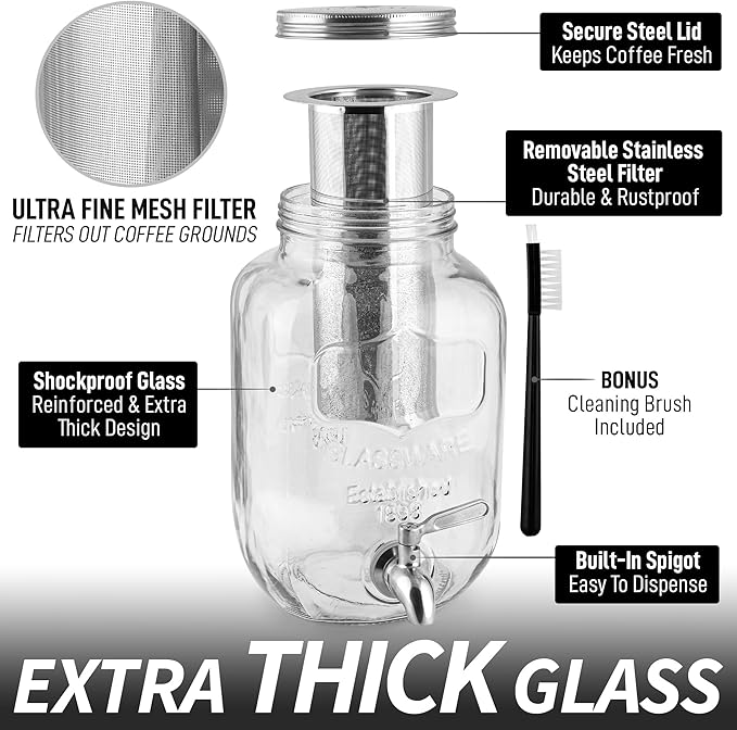 Zulay 1 Gallon/128oz Cold Brew Coffee Maker – Thick Glass Pitcher with Stainless Steel Filter, Lid & Spout – Large Mason Jar Container Dispenser - Iced Coffee & Sun Tea Brewer for Fridge – Silver