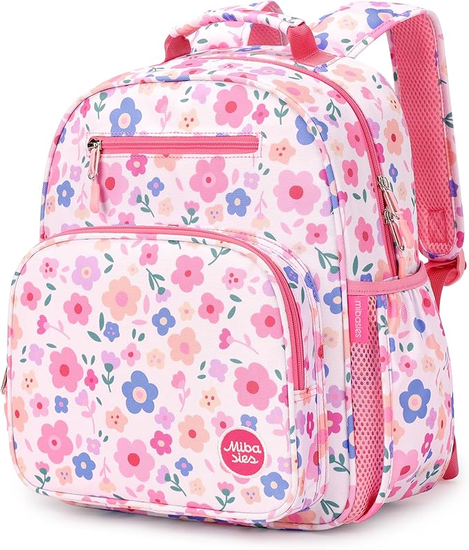 mibasies Kids Backpack for Girls: Girls Backpack 5-8 - Kindergarten Elementary School Bookbag for Girl - Floral Pink