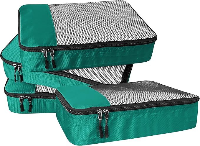 WTREE 4-Piece Packing Cubes Travel Accessories Set for Suitcases - Luggage Organizer Bags with Double Zipper - Mesh Top - Medium - Green