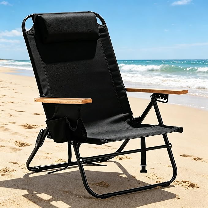 2 Pack Lightweight Portable Recliners Chair for Adults, Outdoor Lay Flat Folding Beach Chairs with 5 Positions, Backpack Beach Chair with, Zipper Pouch, Cup Holder, No Towel Bar, Black