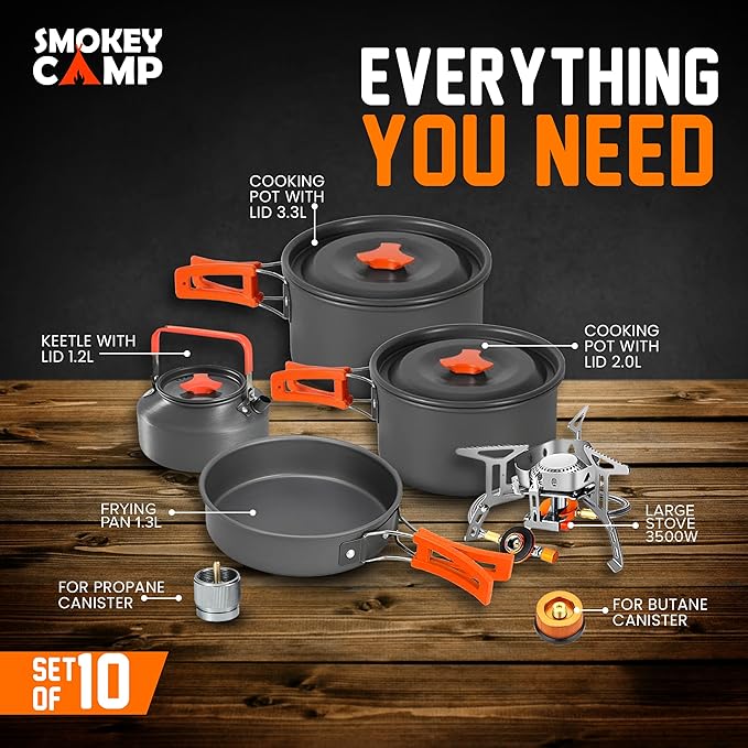 Smokey Camp Camping Cookware Mess Kit Set with Stove - Backpacking Camping Pots and Pans Set, All in One Non-Stick Camping Cooking Set, Portable Stove, Hiking, Picnic, Outdoor & Camping Cookware Set
