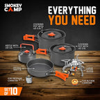 Smokey Camp Camping Cookware Mess Kit Set with Stove - Backpacking Camping Pots and Pans Set, All in One Non-Stick Camping Cooking Set, Portable Stove, Hiking, Picnic, Outdoor & Camping Cookware Set