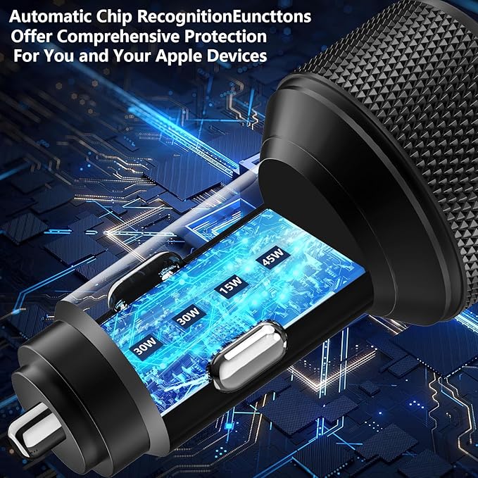 [Apple MFi Certified] iPhone 17 Car Charger, KYOHAYA 90W 4-Port Dual USB-C&USB-A Power Cigarette Lighter PD/QC3.0 UBS-C Car Charger with Type-C Braided Cord for iPhone 17/17 Pro/16 Pro/15/Galaxy/Pixel