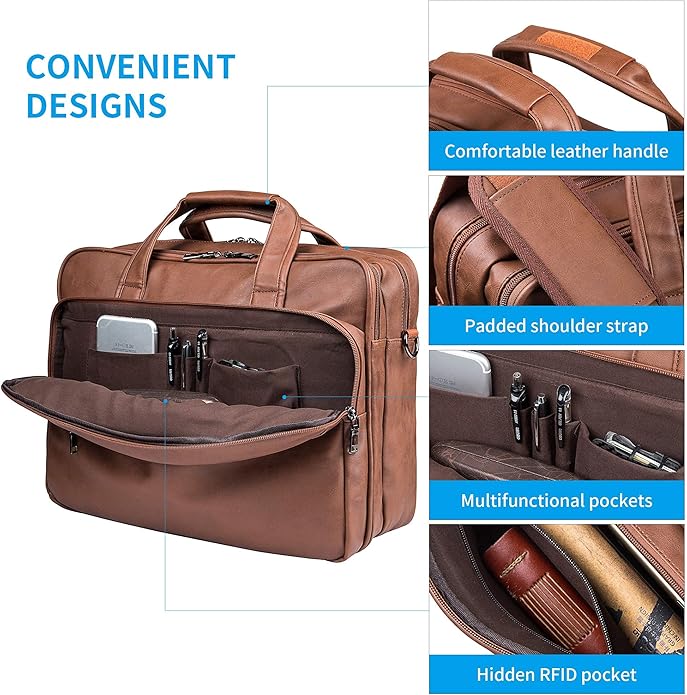 seyfocnia Leather Laptop Bag, Men's 15.6 Inche 17.3 Inche Messenger Briefcase Business Satchel Computer Handbag Shoulder Bag