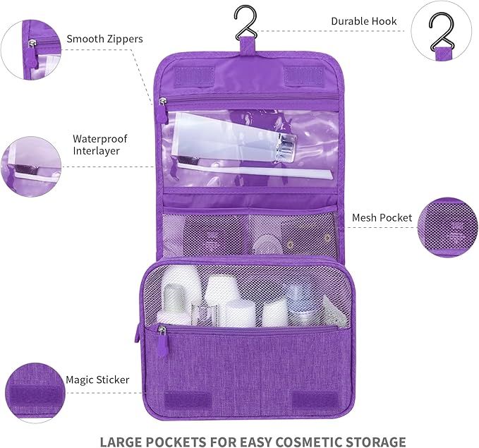 Lcsmaokin Large Capacity Toiletry Bag Travel Bag with Hanging Hook for Men and Women Waterproof Travel Cosmetic Bag Bathroom Storage Bag for Brushes Set, Full-Sized Shampoo, Toiletries, (Purple)