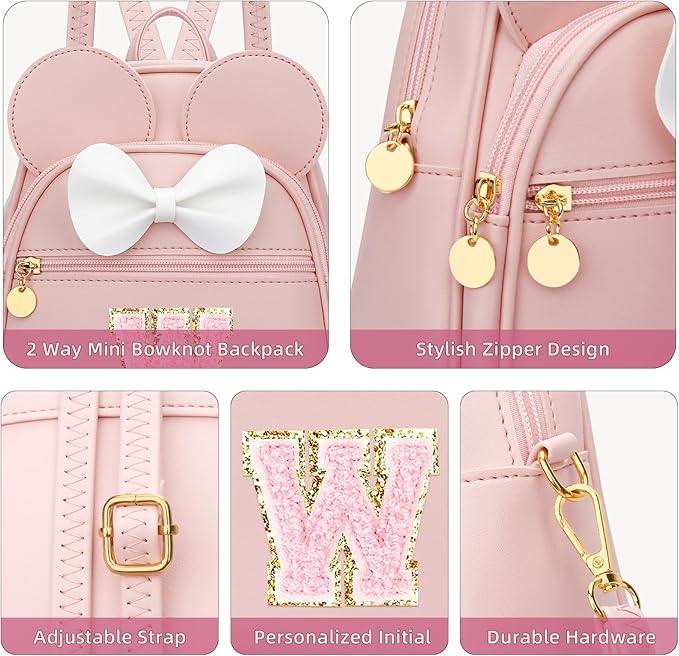 KKXIU Girls Initial Bowknot Cute Mini Backpack for Toddler, Travel Small Girl Backpacks, Personalized Birthday Gifts for Little Girls and Kids(W, Pink)