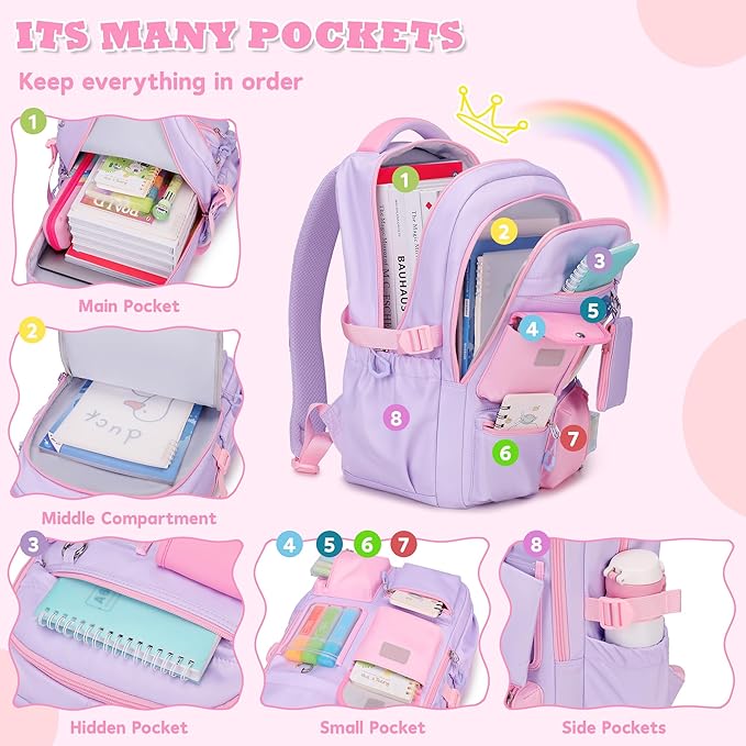 Kids Backpack, Backpack for Girls for Elementary School Multiple Pockets Ages 6-10(Purple)