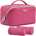 BOYATU Travel Makeup Bag Cosmetic Bags for Women: Large Capacity 3 Pcs Set Make up Bag with Compartments - Waterproof Vegan Leather Toiletry Organizer Bags with Handle (M-73Rose)