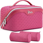 BOYATU Travel Makeup Bag Cosmetic Bags for Women: Large Capacity 3 Pcs Set Make up Bag with Compartments - Waterproof Vegan Leather Toiletry Organizer Bags with Handle (M-73Rose)