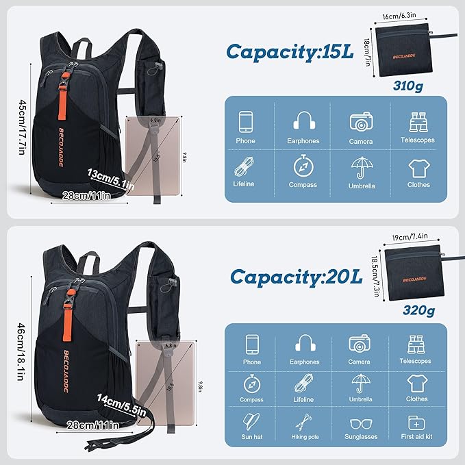 BECOJADDE 15L Small Hiking Backpack for Men Women Foldable Packable Back Pack Ultralight Hiking Daypack for Travel Camping Outdoor, Black