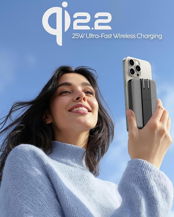 myCharge CliqLuxe+ Magnetic Wireless Power Bank 10,000mAh | iPhone & MagSafe Compatible | Qi2.2 25W Mag Safe Portable Charger | Built-in Wall Plug & Stand | 20W PD USB-C Port | Premium Grey Fabric