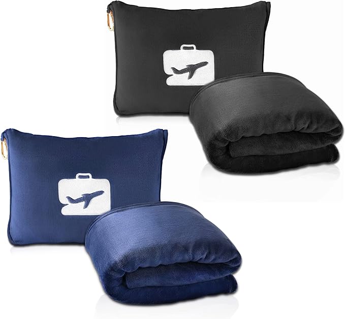 EverSnug Travel Blanket and Pillow Value Pack – Premium Soft & Lightweight | 2 in 1 Compact Blanket for Airplane, Car, Kids and Women | Color Includes Black & Navy Blue