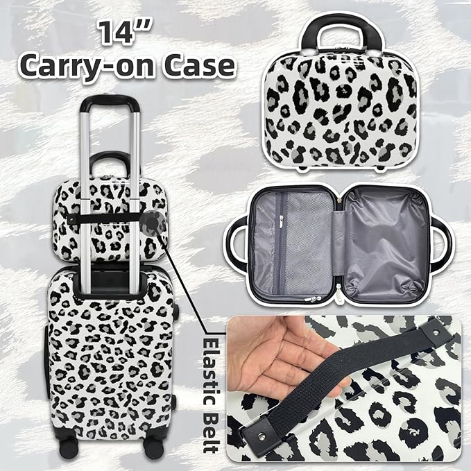 Luggage Sets 4 Piece Leopard Print, ABS+PC Hardside Suitcase Set with 360° Silent Spinner Wheels, TSA Lock, Lightweight Rolling Travel Luggage with Adjustable Handle, 14/20/24/28 Inch (Leopard White)