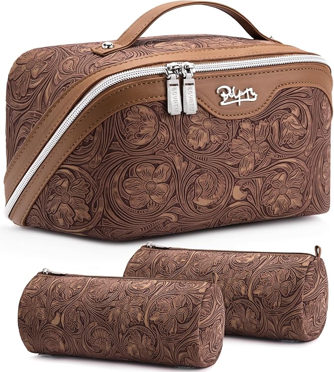 BOYATU Travel Makeup Bags Cosmetic Organizer Bag: 3 Pcs Set Large Capacity Floral Make up Bag with Compartments - Waterproof Leather Toiletry Bags with Handle for Women (19-Brown)