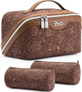 BOYATU Travel Makeup Bags Cosmetic Organizer Bag: 3 Pcs Set Large Capacity Floral Make up Bag with Compartments - Waterproof Leather Toiletry Bags with Handle for Women (19-Brown)
