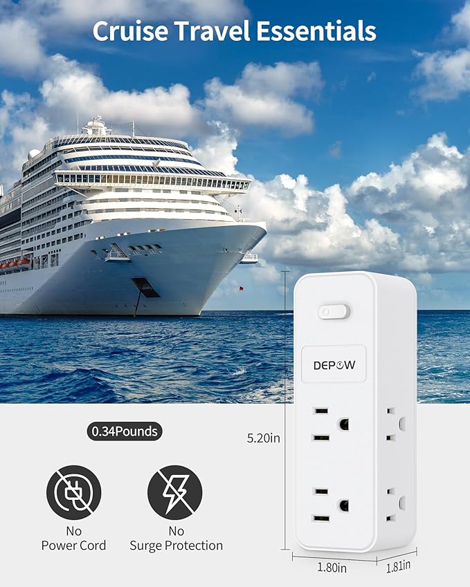 DEPOW Outlet Extender with 360° Rotating Plug, 6 AC Outlet Splitter (1875W/15A), Multi Plug Wall Outlet with Power Switch, White Outlet Adapter for Home Office Cruise Ship Travel Essential