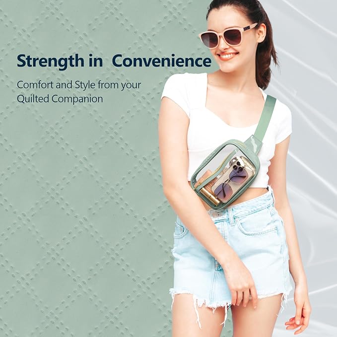 Packism Clear Fanny Pack for Women Stadium Approved - Quilted Clear Belt Bag, Adjustable Strap Fits 35-51 Inches, Transparent Waist Bag for Sports Concerts Festivals, Soft Green