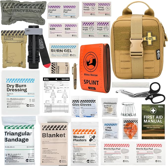 RHINO RESCUE IFAK Trauma Kit with Tourniquet for Wound Care, Tactical First Aid Kit Molle Pouch for Military, Combat, Car, Camping, Hiking, Travel (Coyote Brown)