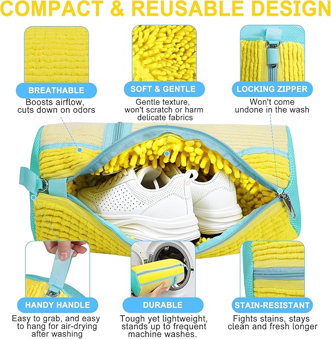 vorona Shoe Washing Machine Bag, 2PCS Reusable Shoe Bag for Washing Machine, 360° Deep Clean, Includes 4 Shoe Storage Dust Bags & 2 Drying Racks, XXL Laundry Shoe Bag for Sneakers Tennis Shoes, Yellow