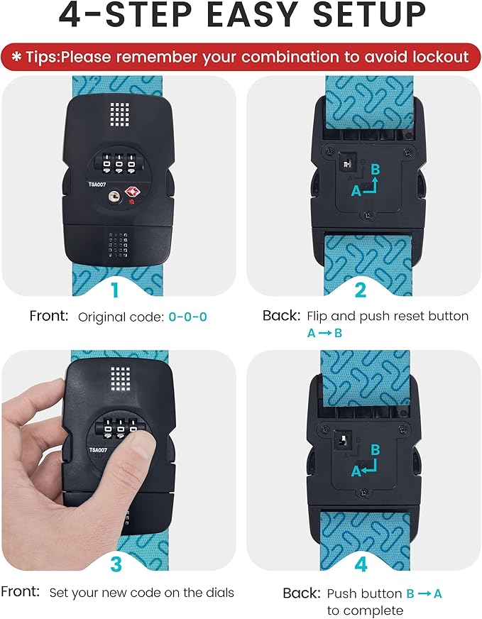 Travelkin Luggage Straps for suitcases TSA Approved,Adjustable Luggage Belts with Lock Fit 18-32 inch Suitcases(Lock Grain-Blue-TSA)