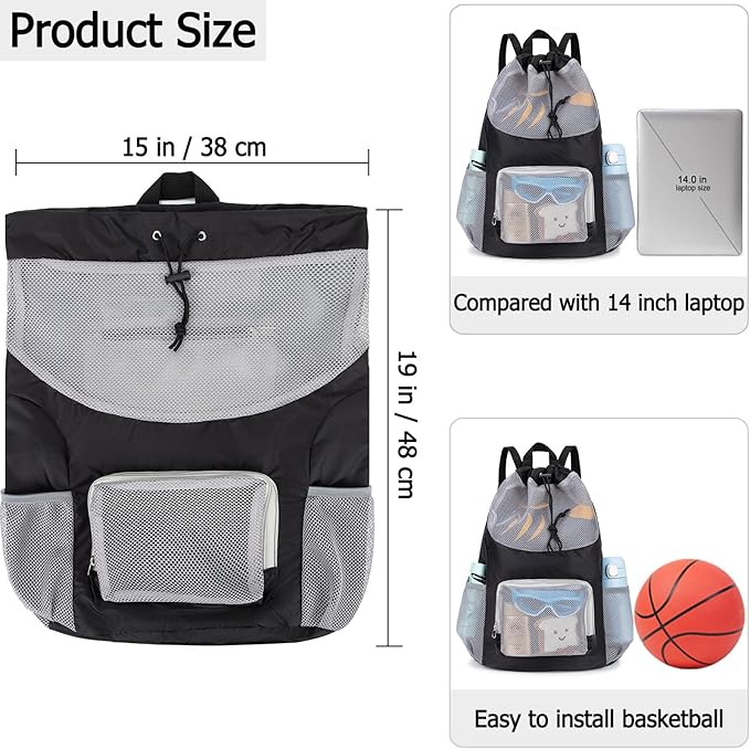 Swim Bag for Kids Mesh Beach Backpack for Boys Lightweight Drawstring Beach Bag Swimming Pool Sports Gym String Bag (Black)
