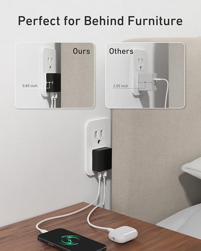 Nekmit Flat USB C Wall Charger, 45W Dual Port PPS Fast USB Charger Block(1*USB-C & 1*USB-A), Slim USB C Wall Plug for iPhone 17/16 and More Series, MacBook Air, iPad